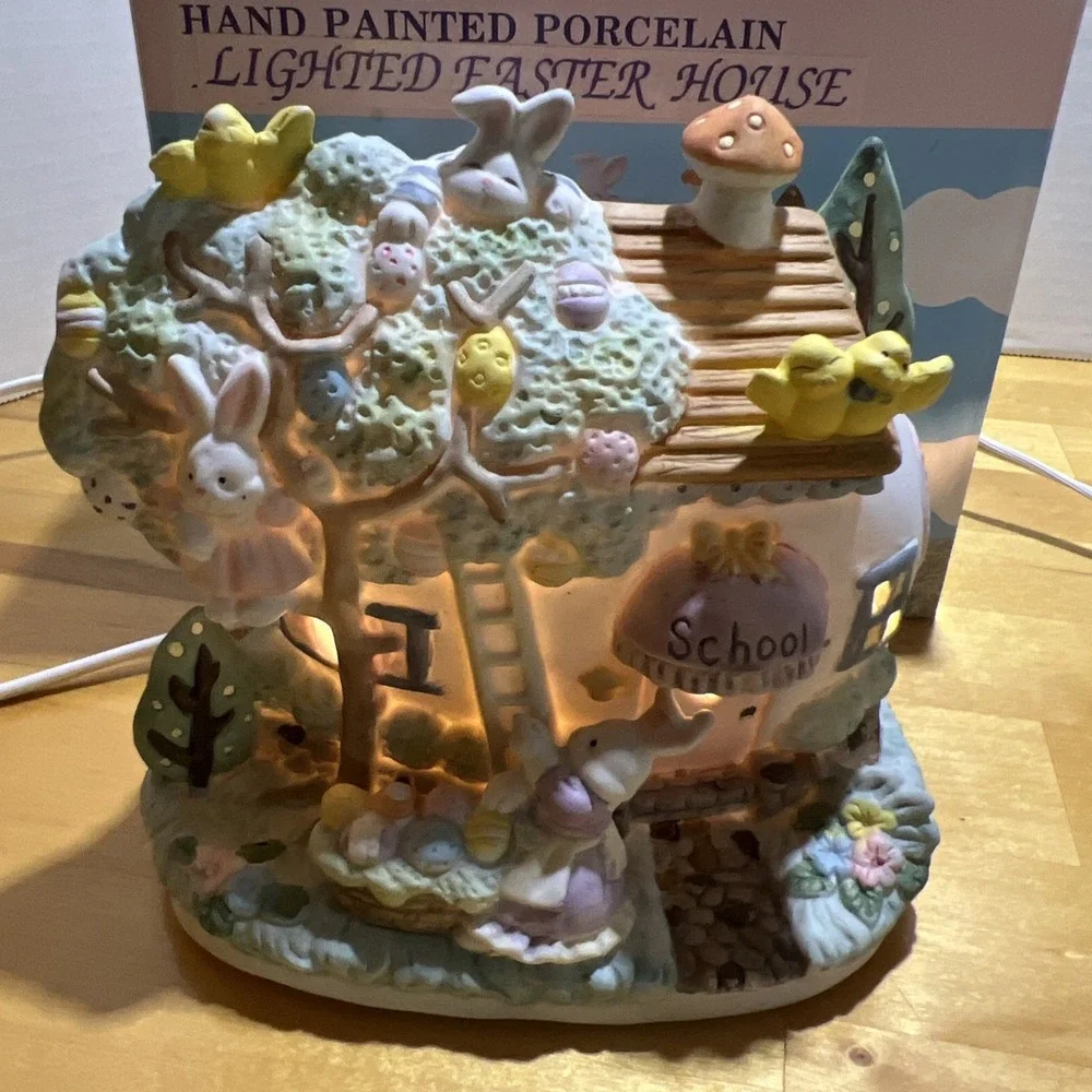 Vintage Bunny Towne Pair Hand Painted Porcelain Easter Houses Light Up